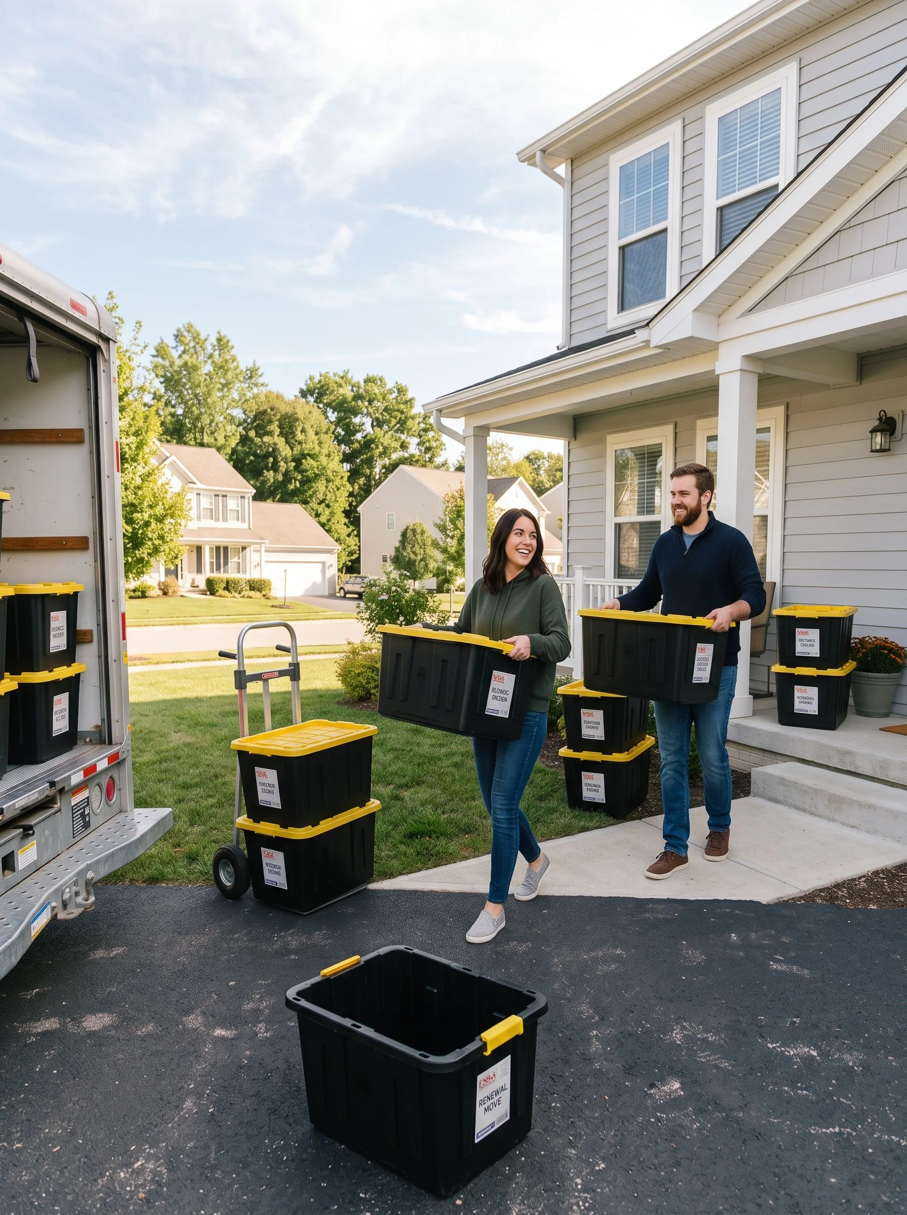A man and woman unloading black and yellow bins from a moving truck outside a suburban house, with other houses and trees visible in the background.