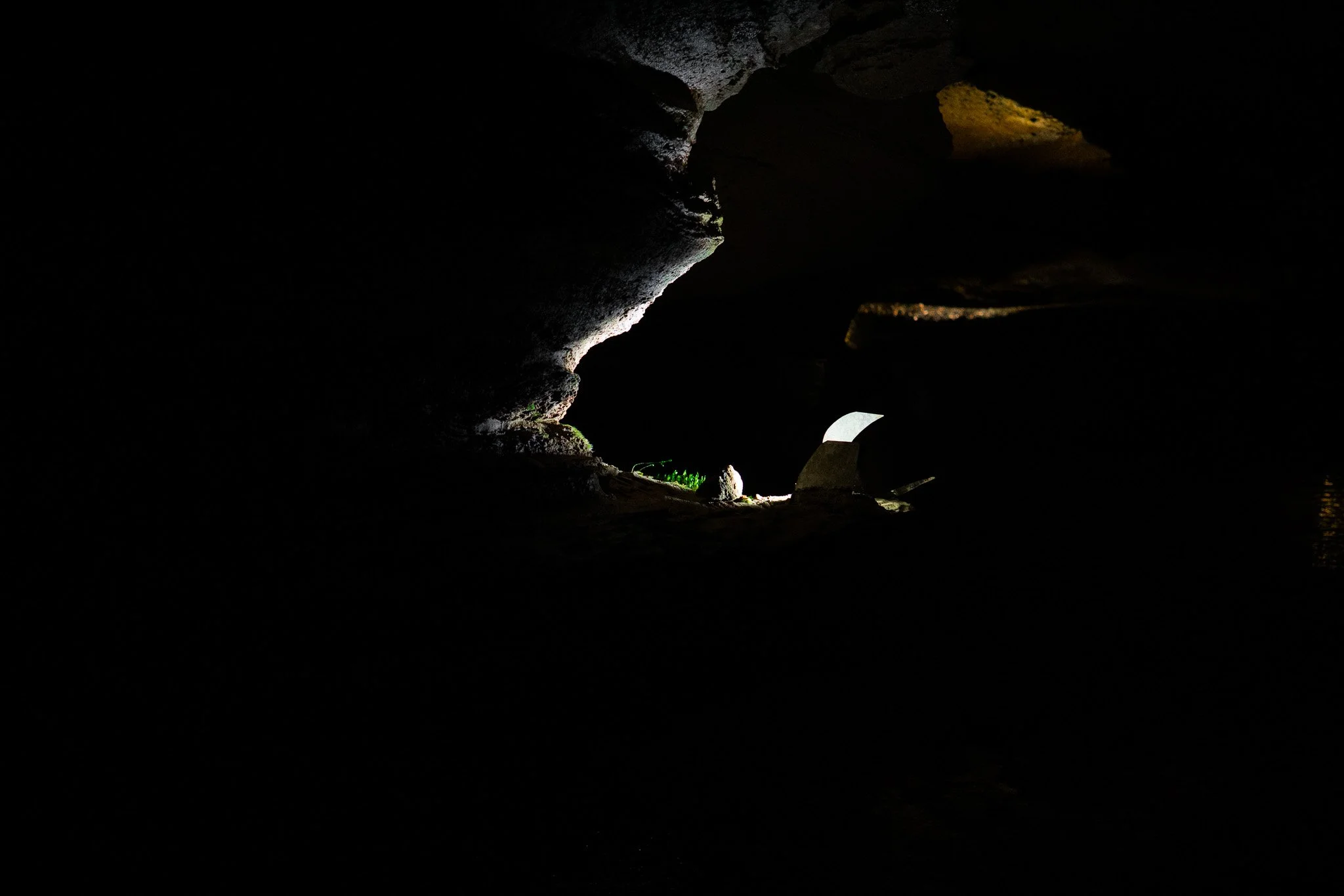 A dark cave interior with light streaming in from an opening, revealing jagged rocks and some green plants near the entrance.