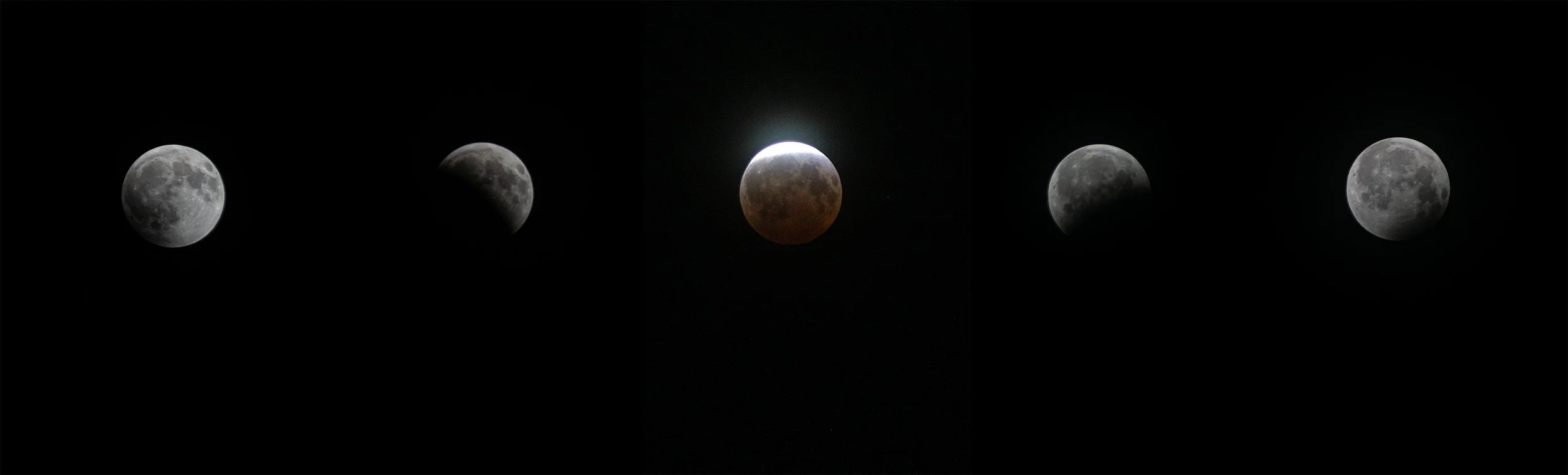 Sequence of four lunar eclipse photos showing the moon's phases from fully visible to partially covered and back to fully visible.