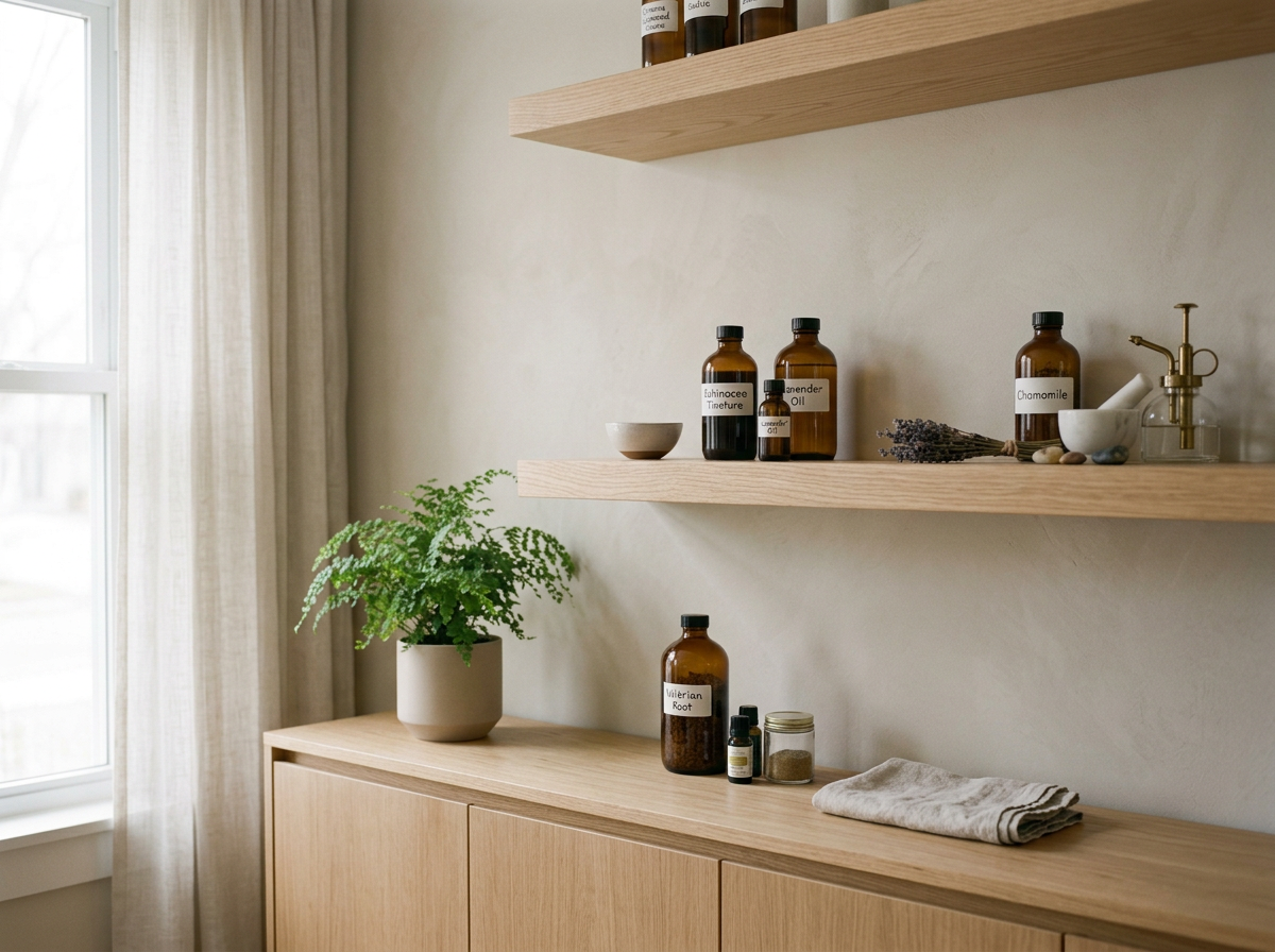 A minimalist interior scene with wooden floating shelves holding various amber bottles labeled with natural remedies and essential oils. There is a wooden cabinet underneath with a potted fern, small jars, and a towel. A large window with cream curtains lets in natural light.