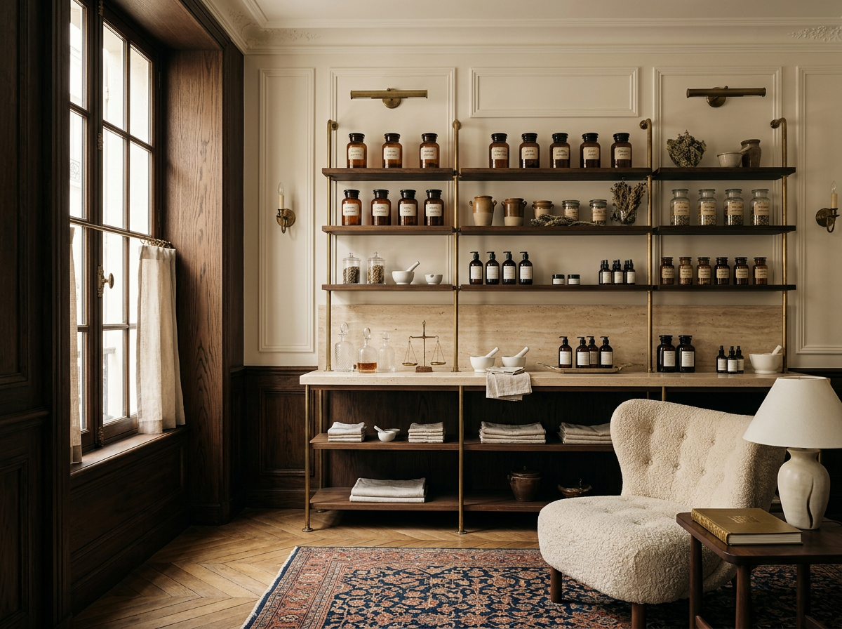 Interior of a modern apothecary with a wooden shelf filled with various herbal medicines, a cream armchair, a side table with a lamp, and a window with curtains.