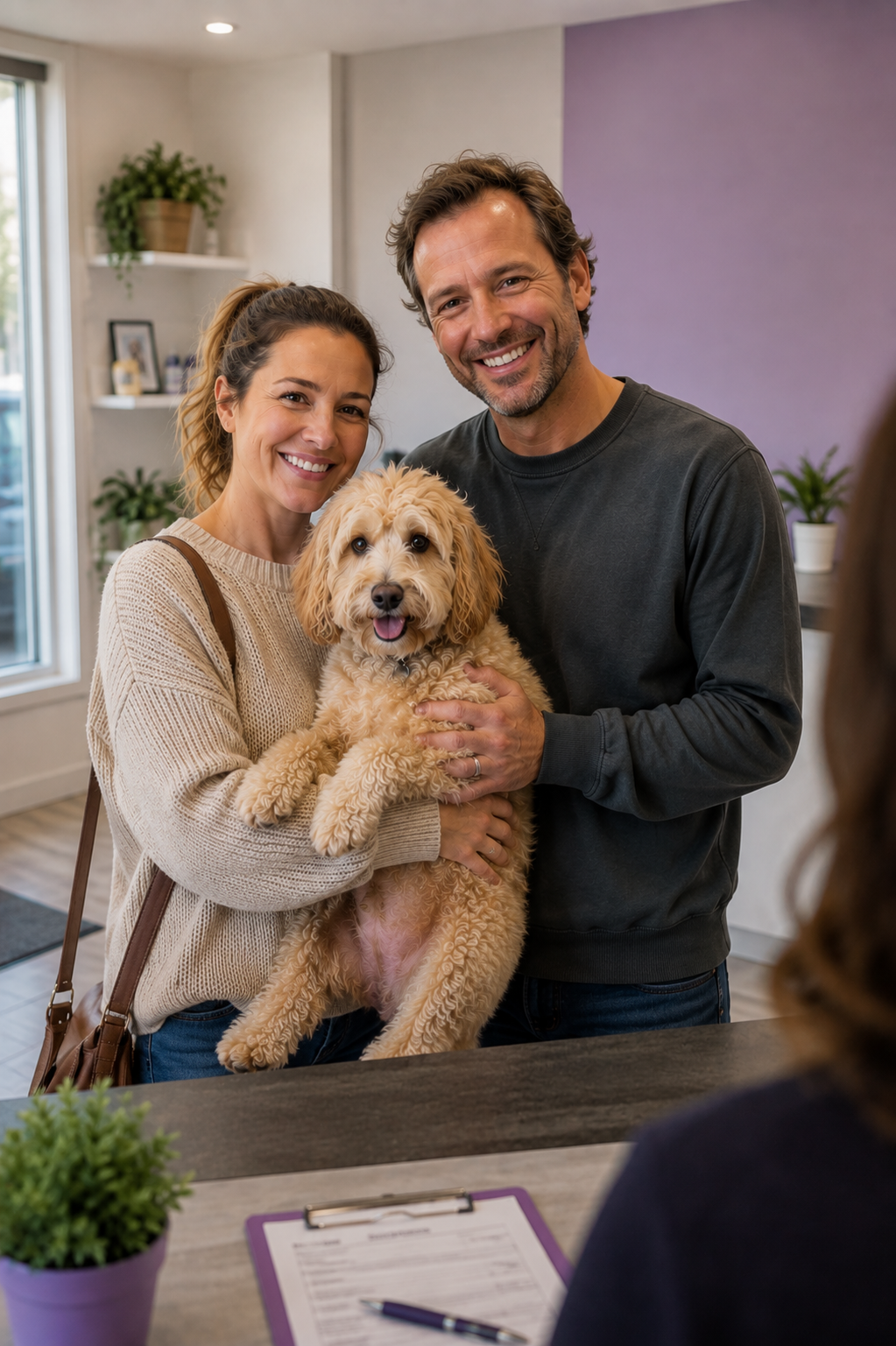 Owners dropping off dog at salon