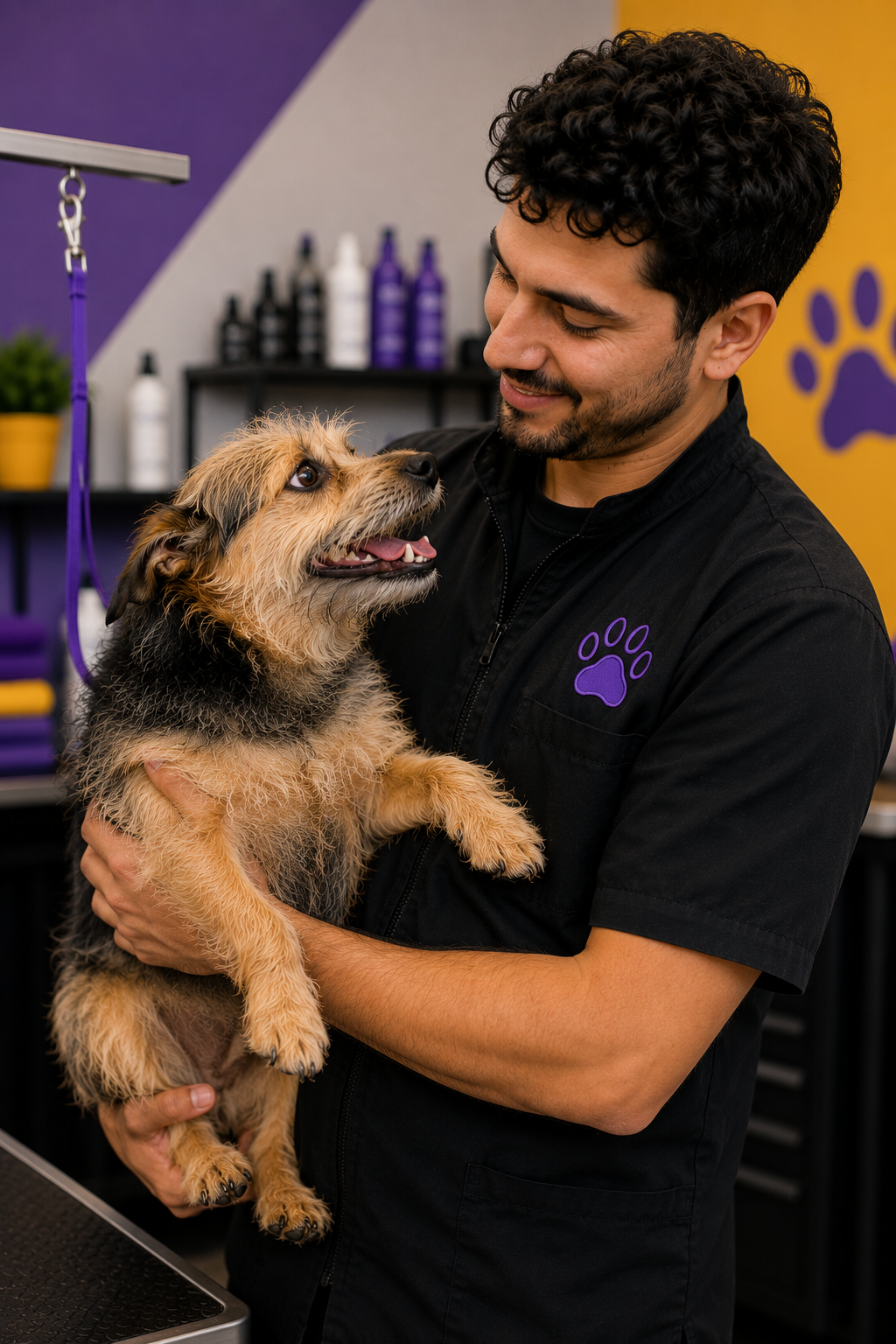 Dog groomer holding a happy dog in a grooming salon