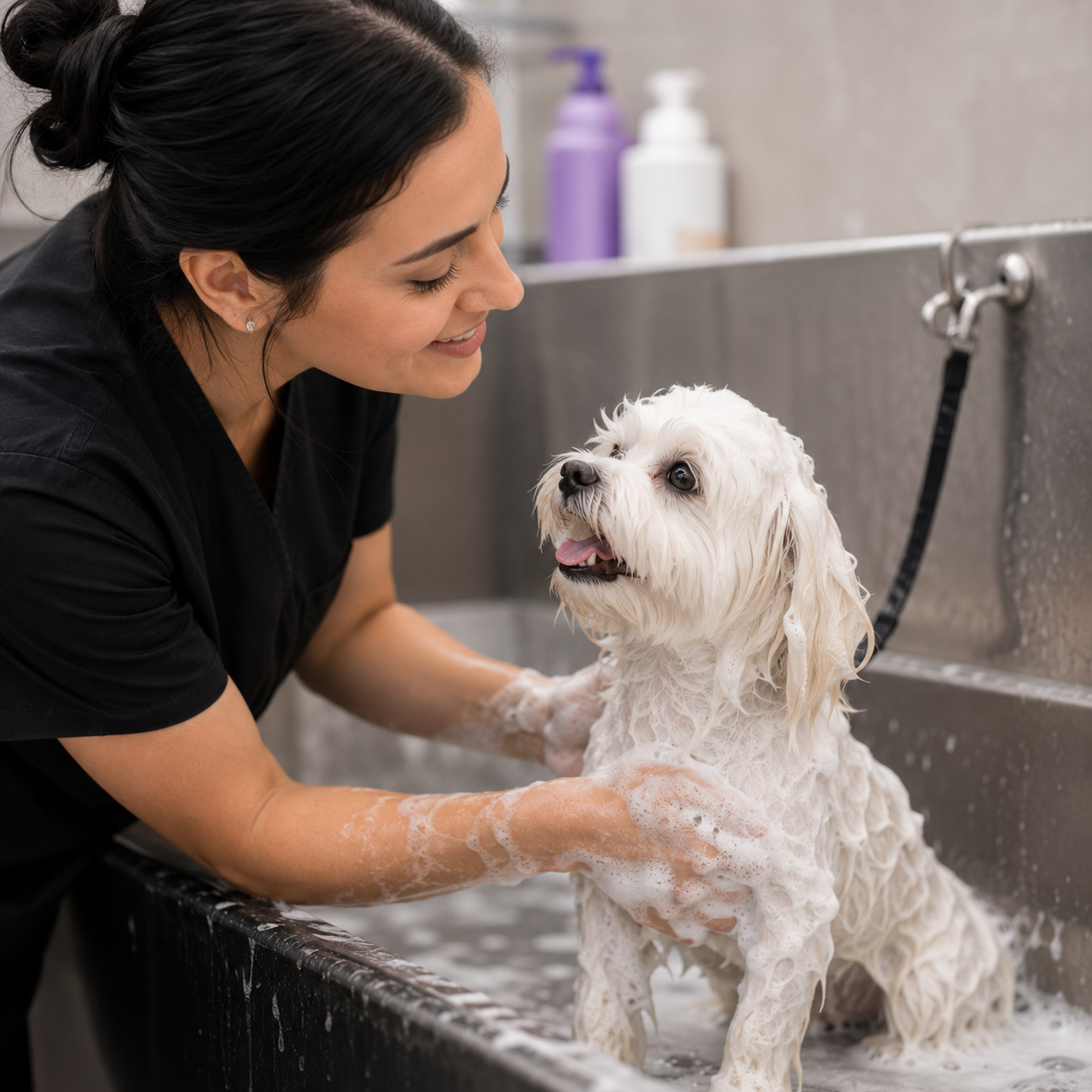 Groomer bathing a small dog