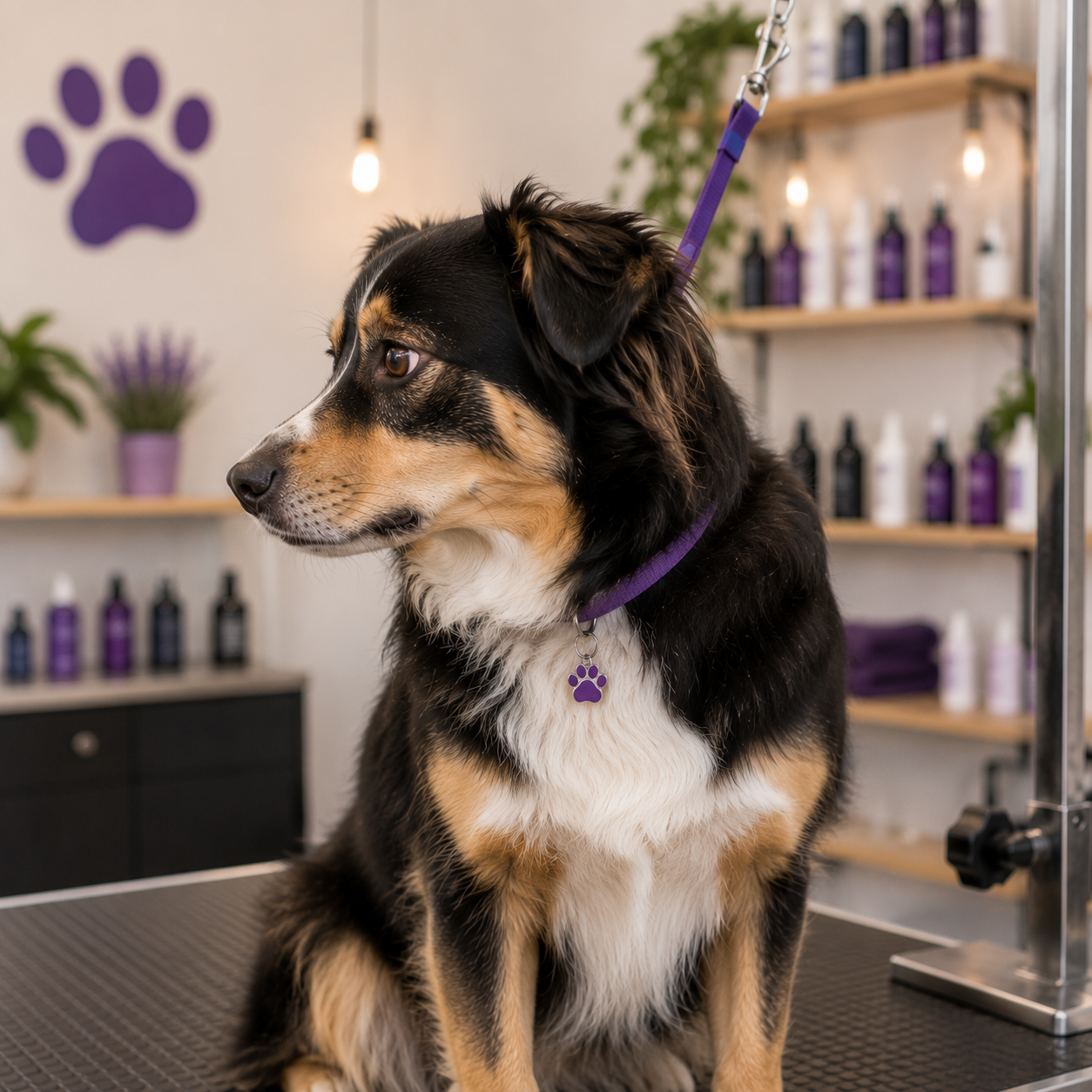 Collie dog on grooming table