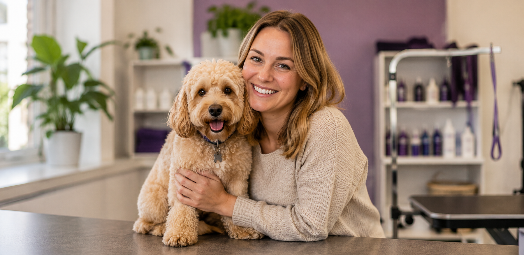 Client and dog at grooming salon