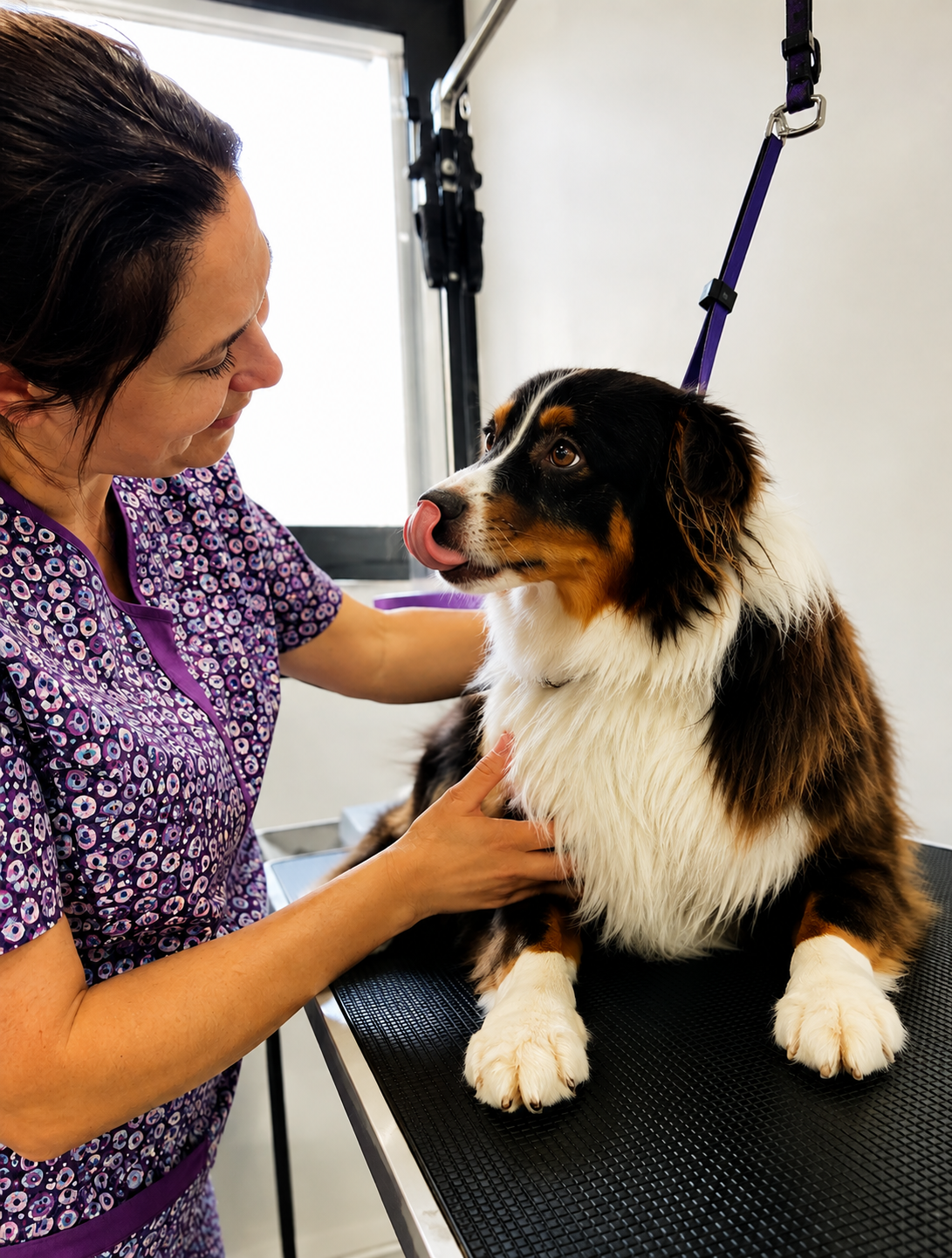 Groomer gently working with a Border Collie on a grooming table