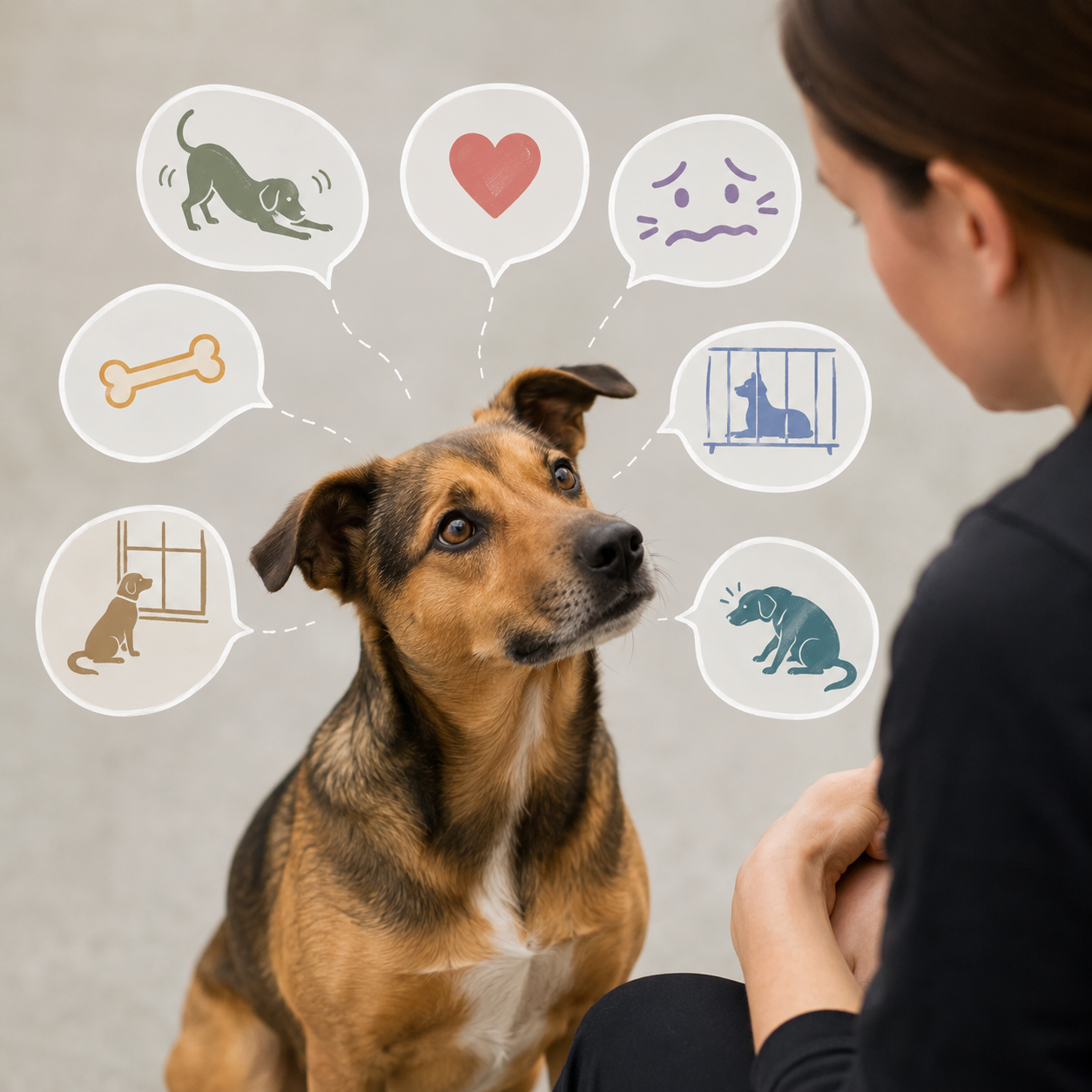Dog sitting beside an owner during a behaviour consultation