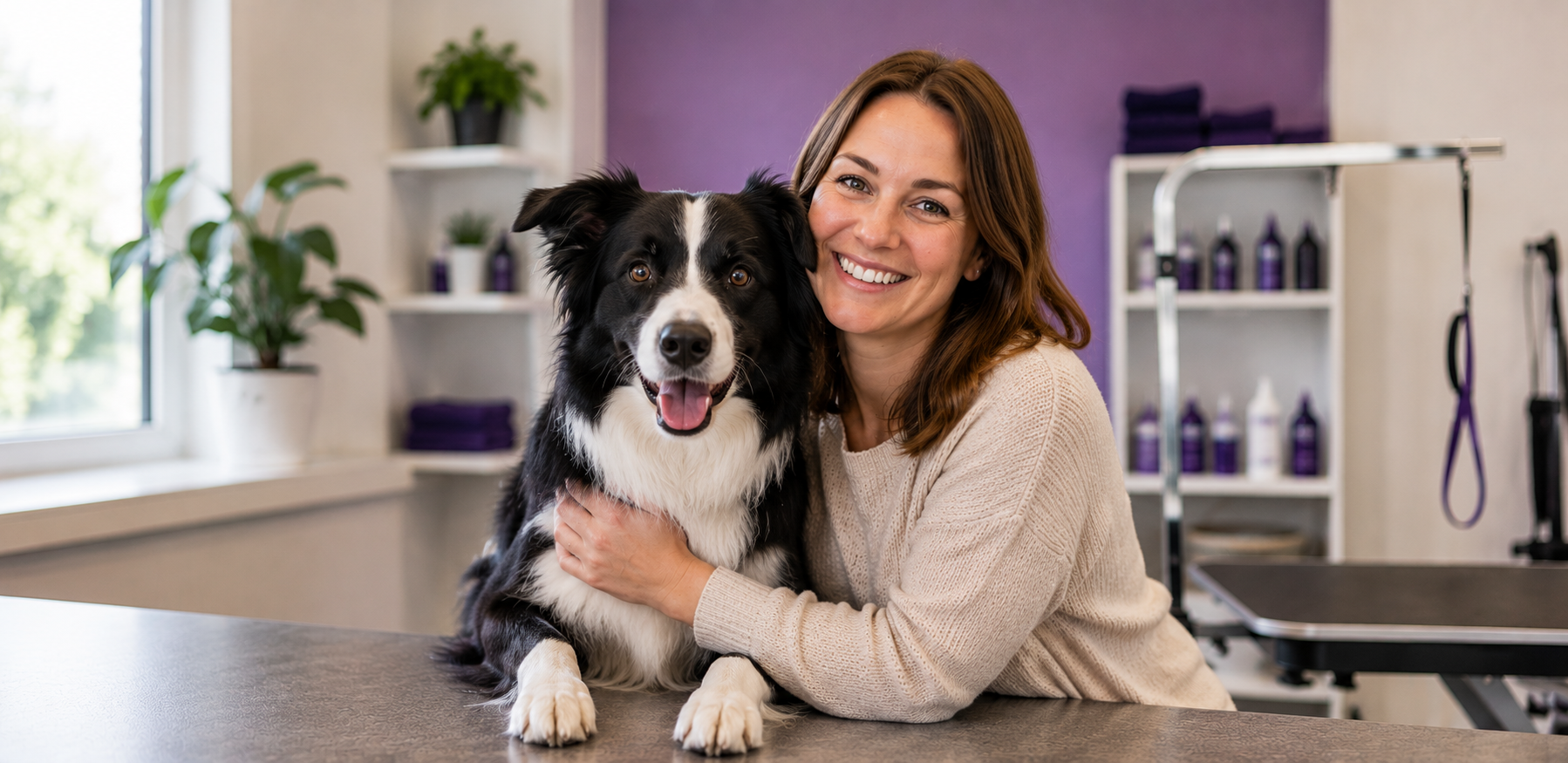 Owner with border collie at grooming salon