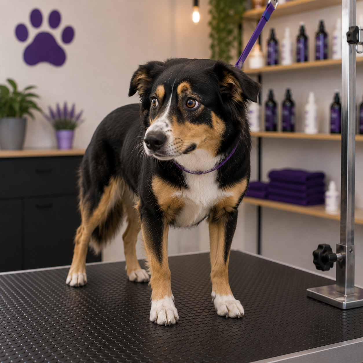 Dog standing on a groomers table