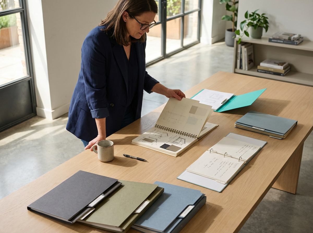 A woman in a navy blazer examines architectural sketches and documents on a large wooden table in a bright office space.