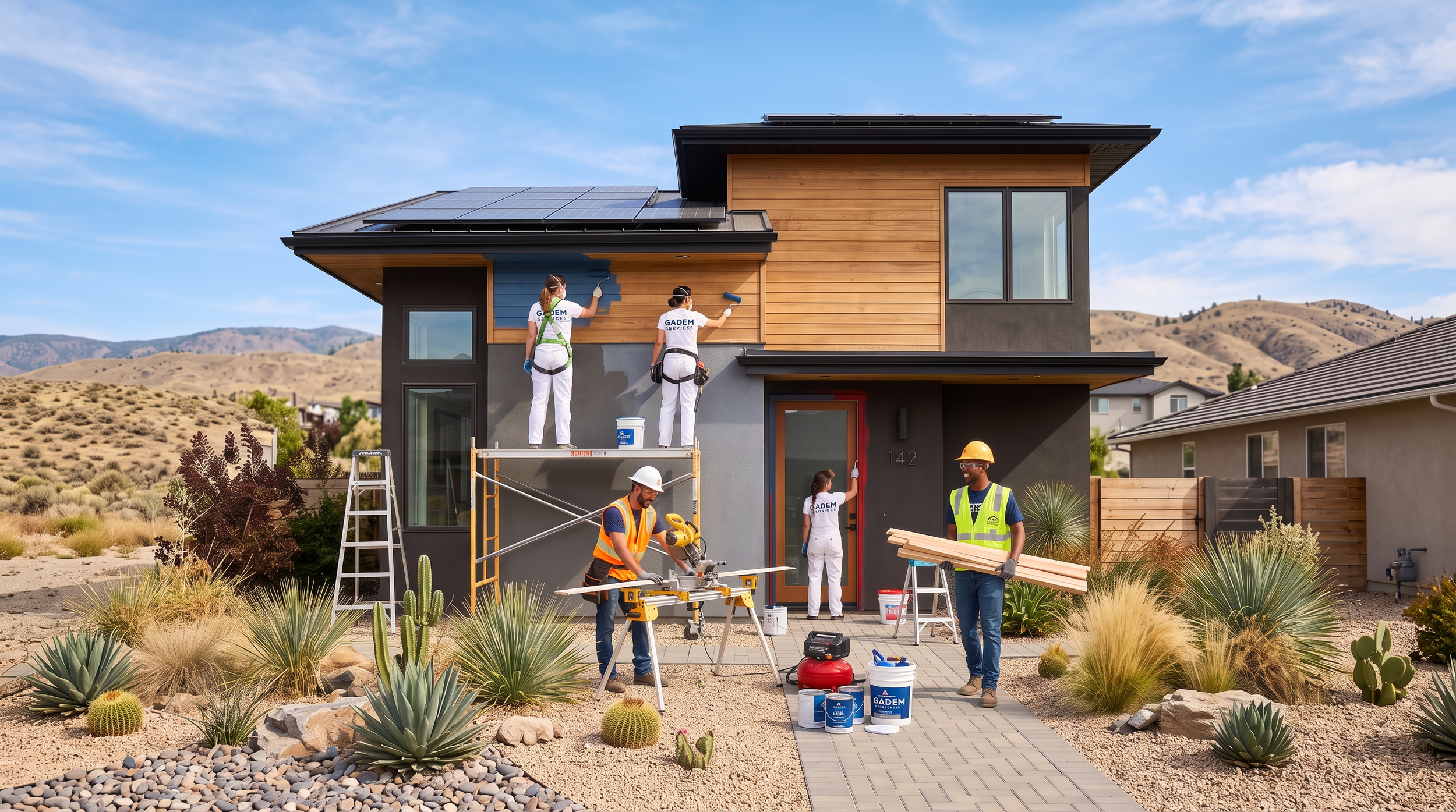 Workers painting the exterior of a modern house with wooden and gray paneling, while others handle construction tasks, in a desert landscape with plants and mountains in the background.