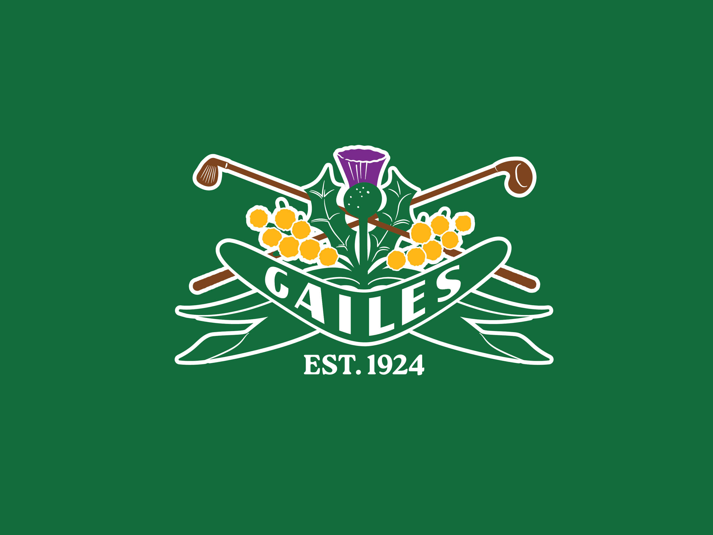 Green background with a logo featuring a scoop of ice cream, holly leaves, yellow berries, two crossed golf clubs, and the text 'GATES EST. 1924'.