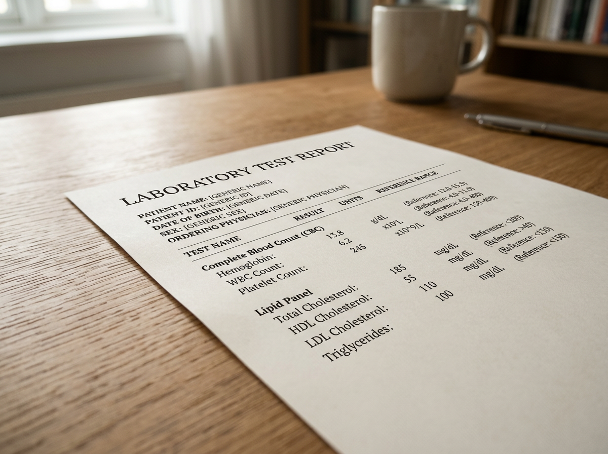 Laboratory test report on a wooden table with a pen, a mug, and books in the background.