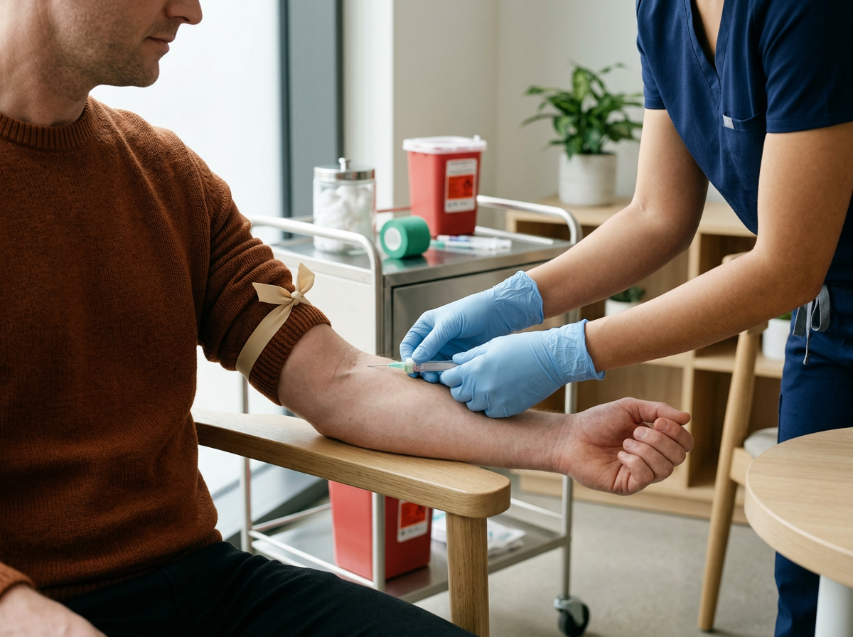 A healthcare worker wearing blue gloves drawing blood from a male patient's arm in a medical clinic.
