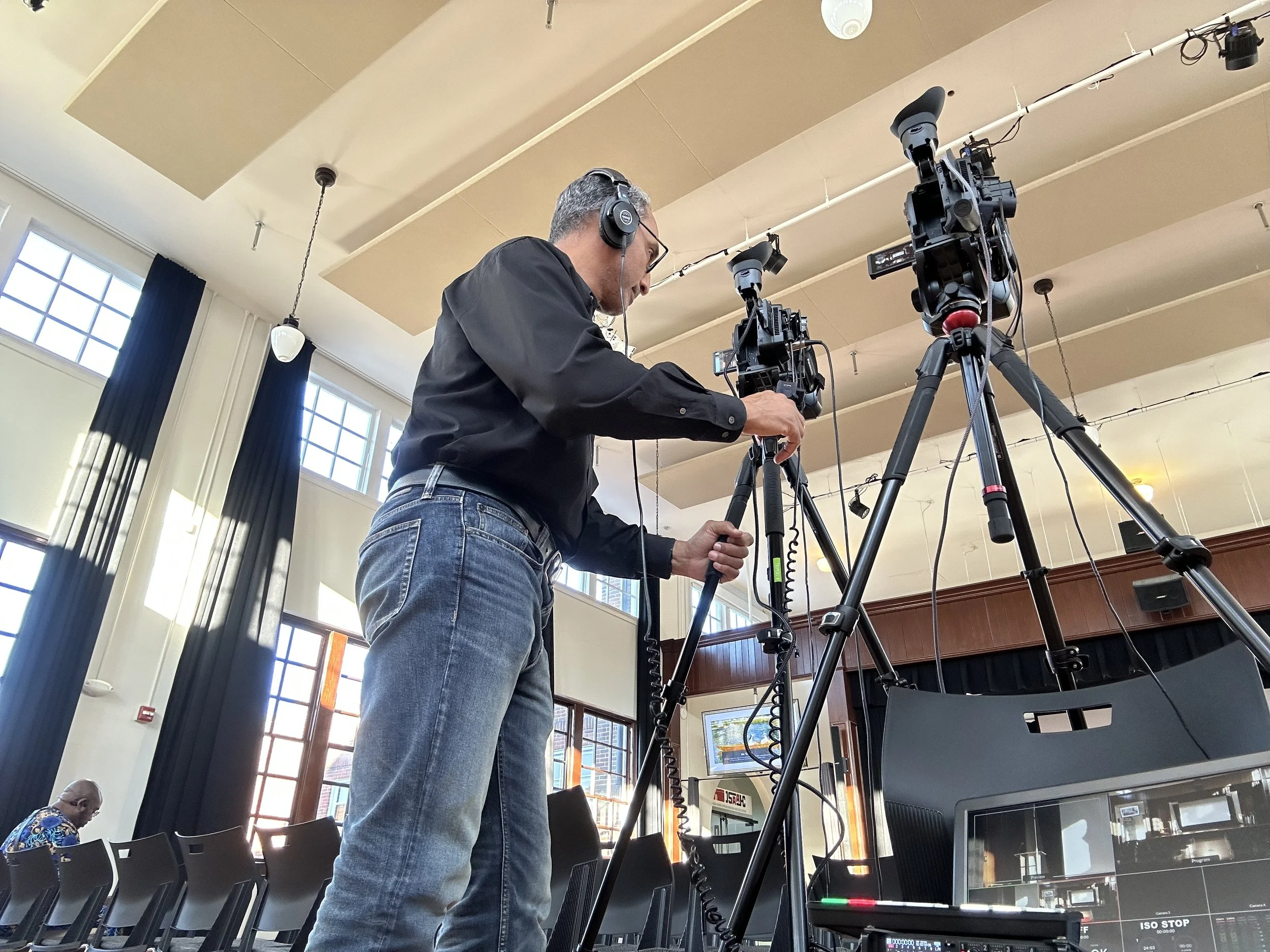 Setting up 2 camera shoot to capture the First Town Hall Meeting for the Commission to Study the Uprooting of Black Communities set up by the State Legislature of the Commonwealth of Virginia.