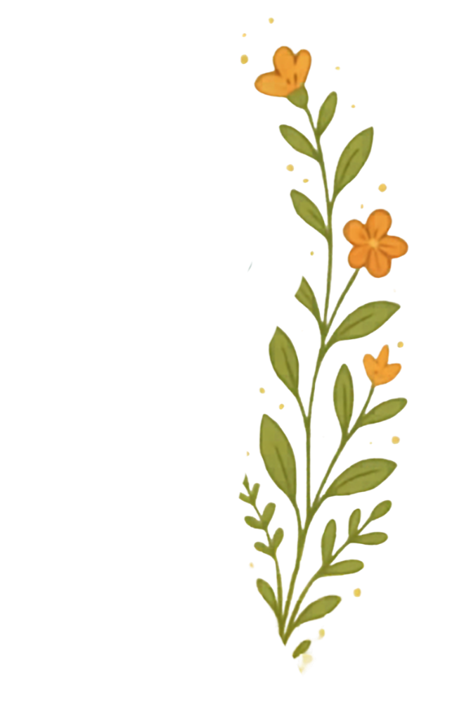 A vertical arrangement of a flowering plant with green leaves, featuring three orange flowers and a yellow flower at the top.