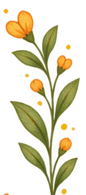Close-up of a flowering plant with orange buds and a single open orange flower, green leaves, and small yellow decorative elements.