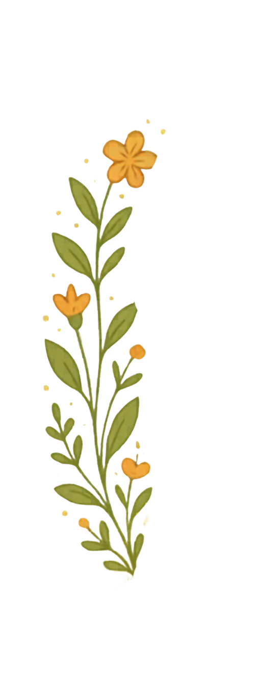 Watercolor illustration of a slender green plant with small orange flowers and green leaves, decorated with tiny yellow dots.