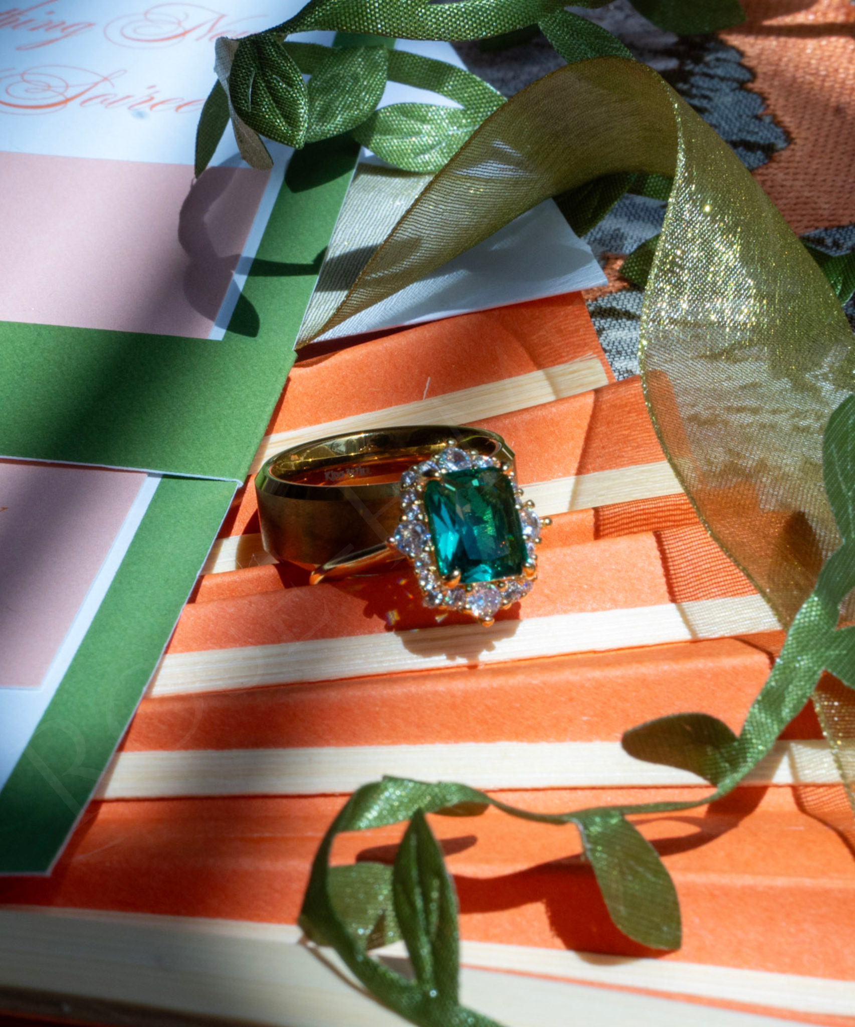 A ring flat lay from a NOW Weddings editorial shoot, styled to highlight the details, textures, and elevated design elements that bring the overall concept together.