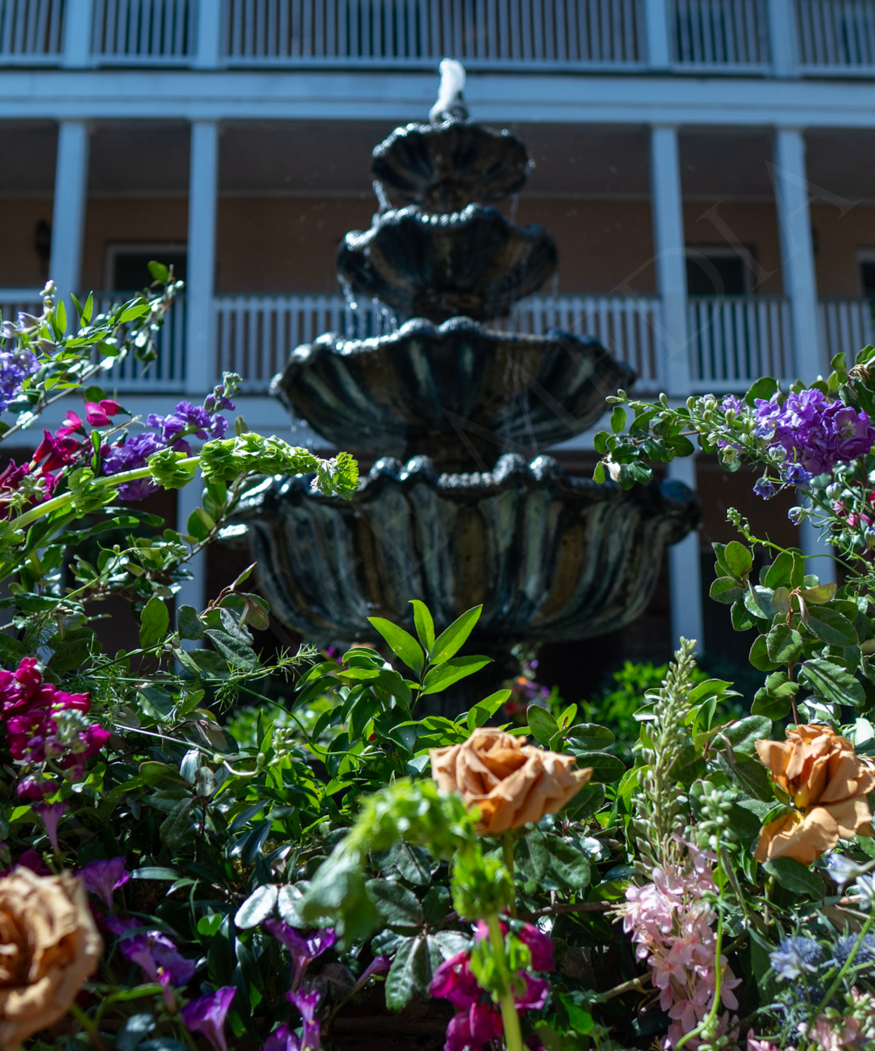 Floral styling surrounds the fountain at the Malaga Inn during a NOW Weddings editorial shoot, creating a romantic focal point layered with texture, color, and editorial detail.