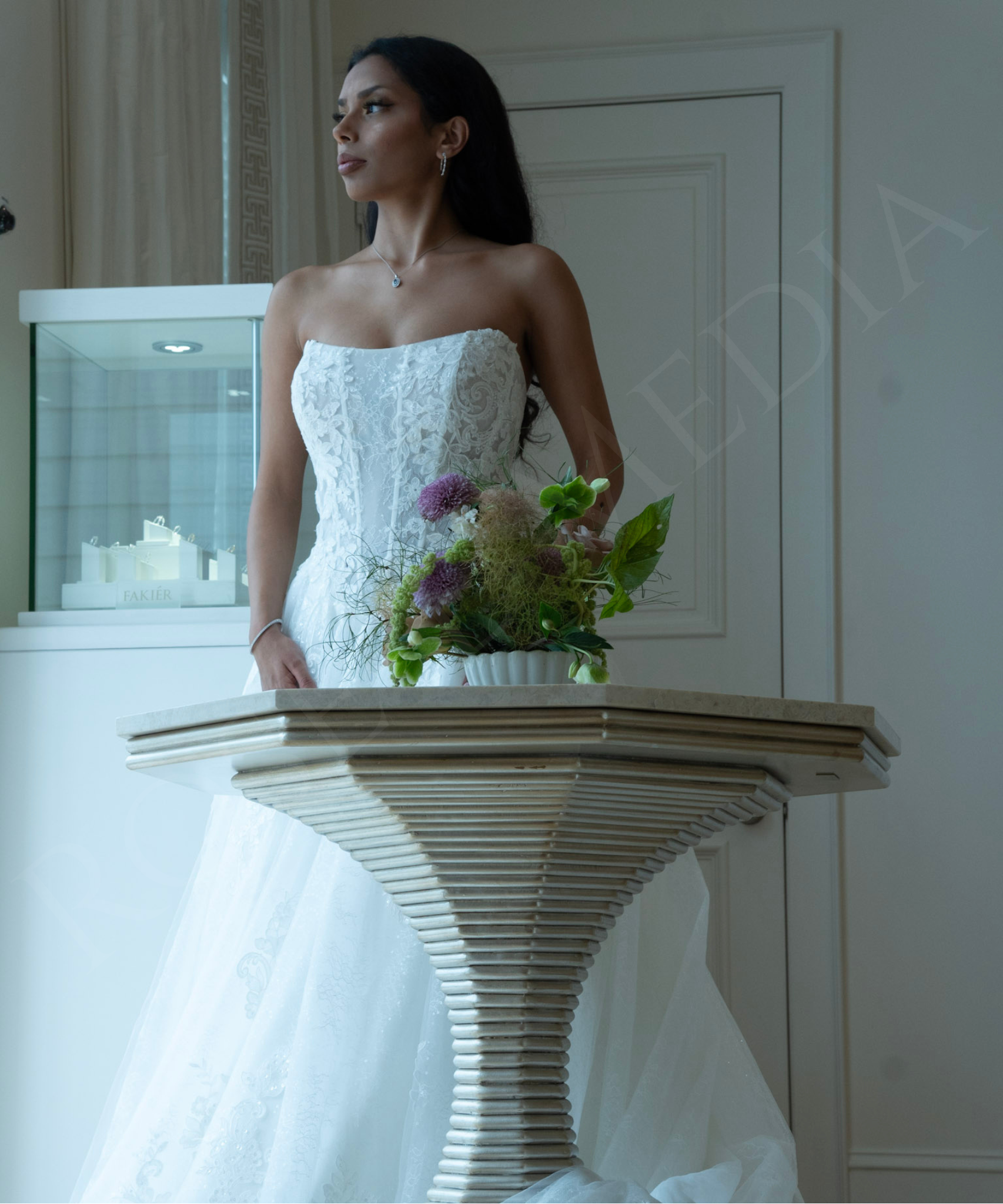 A styled moment from the Fakier editorial shoot for NOW Weddings, capturing the fashion, creative direction, and polished visual details behind the concept.