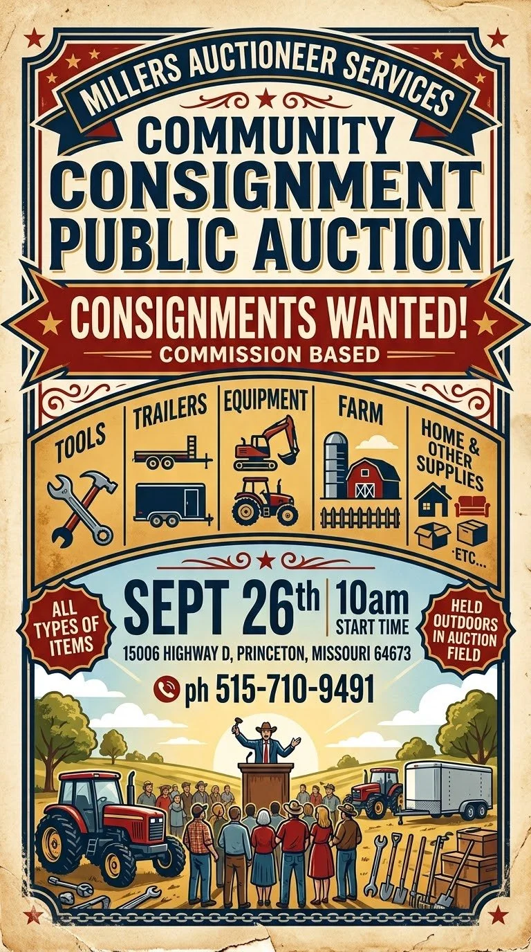 Poster advertising a community consignment public auction on September 26th at 10am, located at 15006 Highway D, Princeton, Missouri. The auction seeks tools, trailers, equipment, farm items, and home supplies, with consignment items held outdoors in the auction field. Features an illustration of a speaker at a podium addressing a crowd on a farm with tractors and farming equipment.