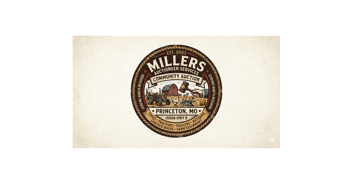 Logo for Millers Auctioneer Services, a community auction in Princeton, Missouri, established in 2003, featuring farm tools, tractors, trailers, antiques, chicken ducks, and farm equipment.