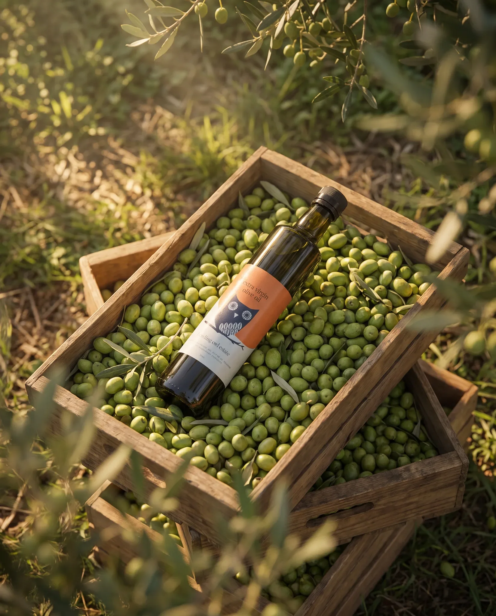 A wooden crate filled with green olives and olive leaves, with a dark glass bottle of extra virgin olive oil placed inside, set outdoors in dappled sunlight.