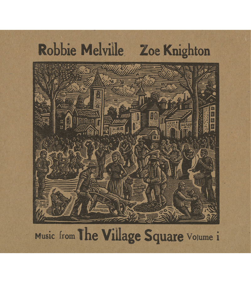 Woodcut illustration of a village square with people gathering, playing music, and socializing among trees and buildings under a cloudy sky.