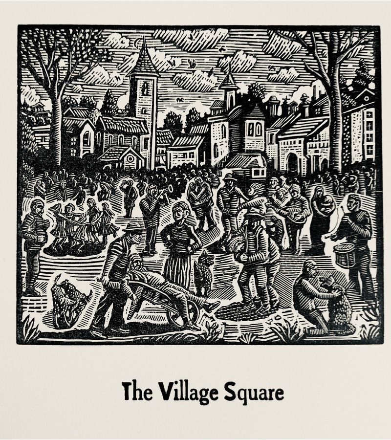 Black and white illustration of a busy village square with people dancing, playing instruments, and socializing, with church steeples and houses in the background, labeled "The Village Square."