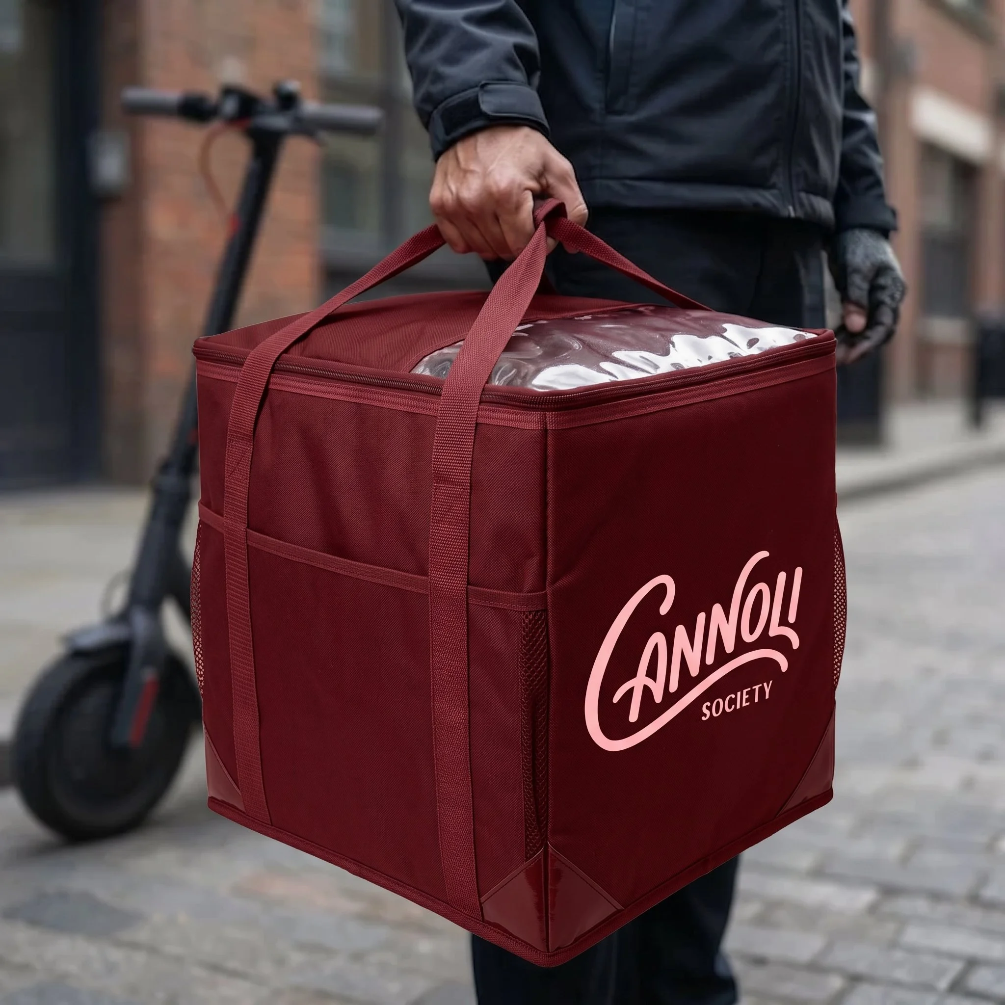Close-up of a hand holding a insulated catering bag highlighting the Cannoli Catering service at Cannoli Bar Richmond.