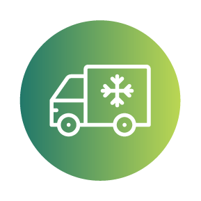 Icon of a delivery truck with a snowflake, indicating cold or refrigerated delivery, on a green gradient background.