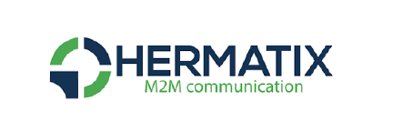 Hermatix logo with blue and green design and text 'Hermatix M2M communication' on a white background