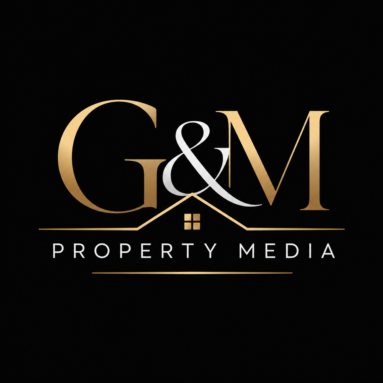 Logo for G&M Property Media featuring gold and white text on a black background, with a house roof icon above the name.