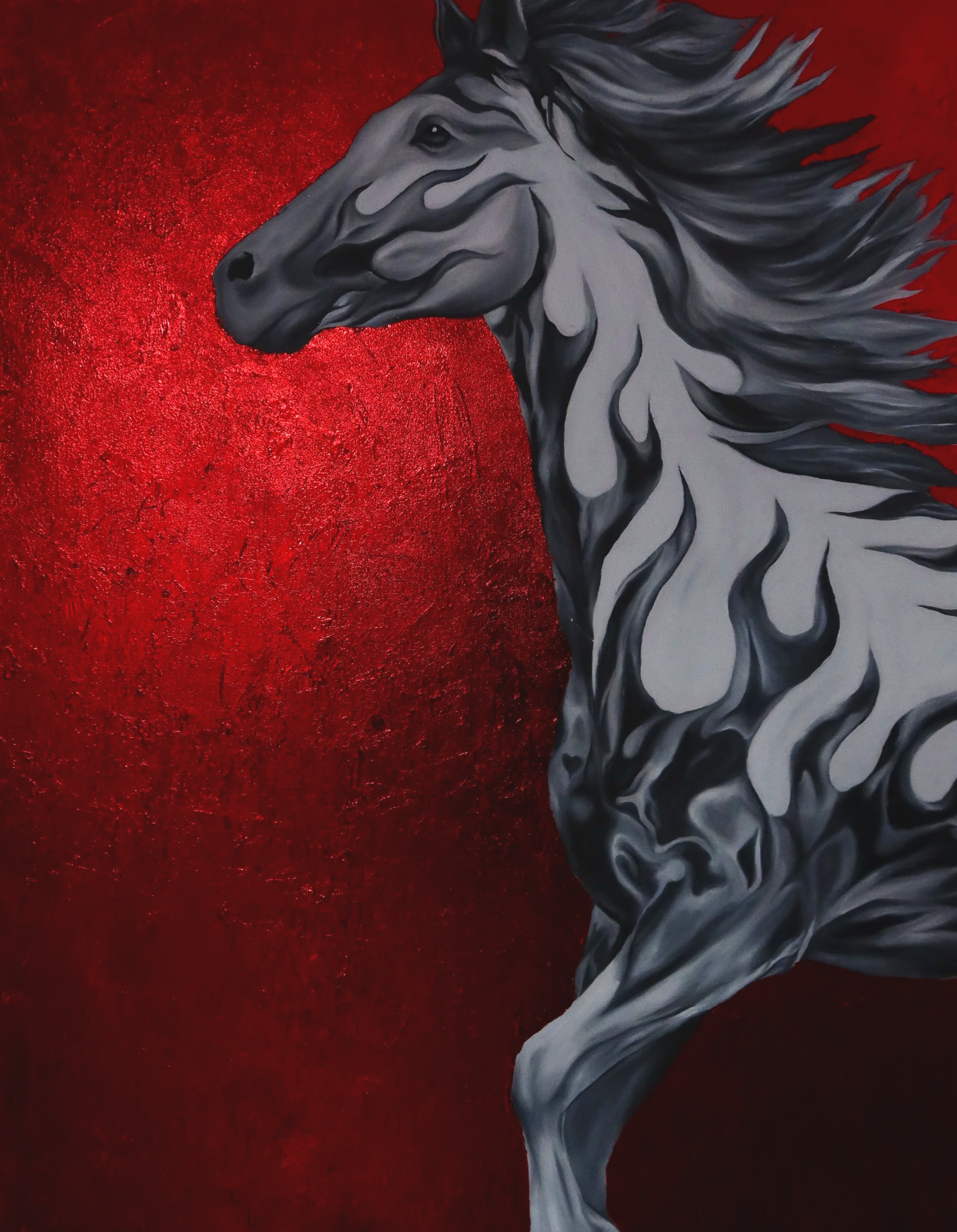 A grayscale painting of a horse's head with flowing mane against a red textured background.