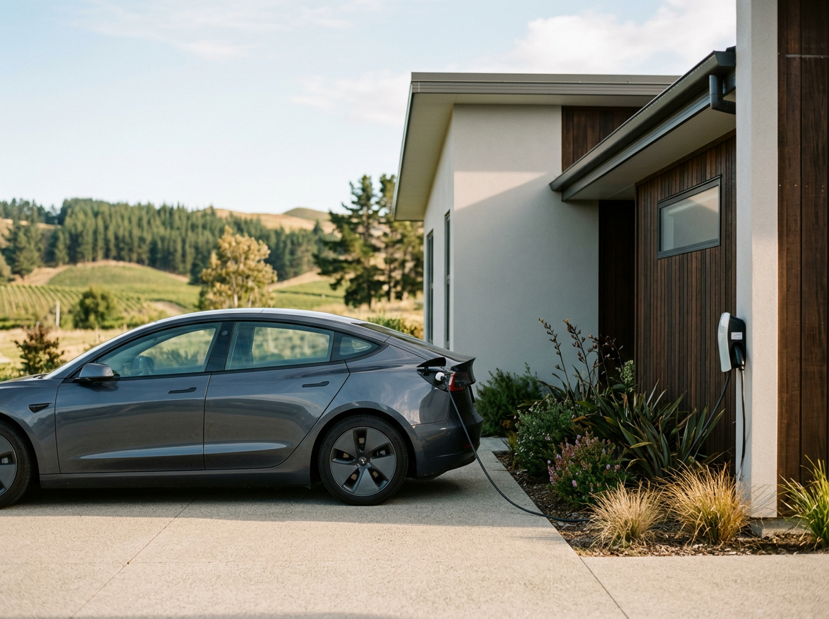 A Tesla electric car charging at a modern house with a garden, with a scenic countryside background.