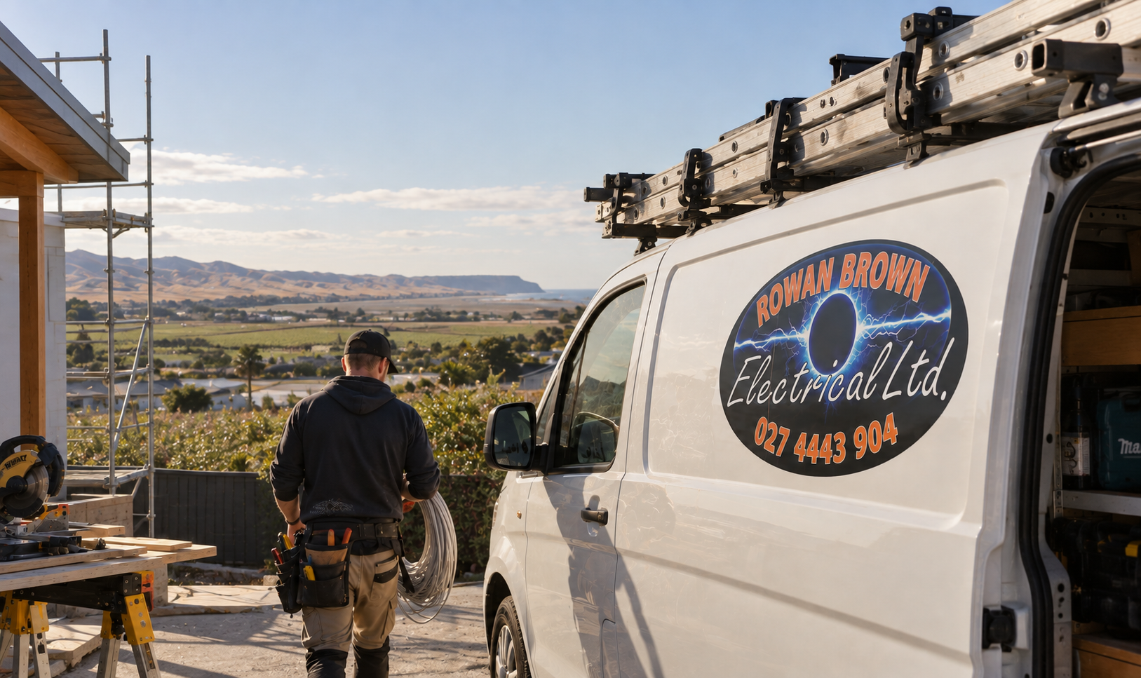 Rowan Brown Electrical electrician and service van at a residential building site in Hawke's Bay.