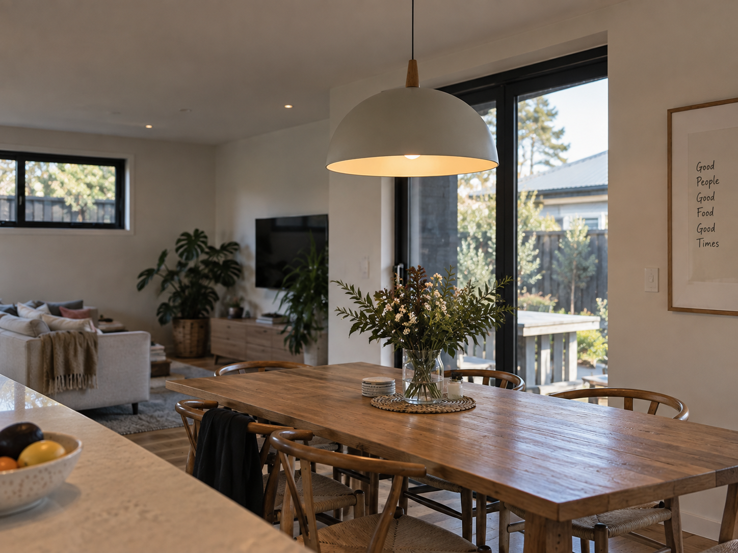 Residential lighting in an open-plan dining and living area
