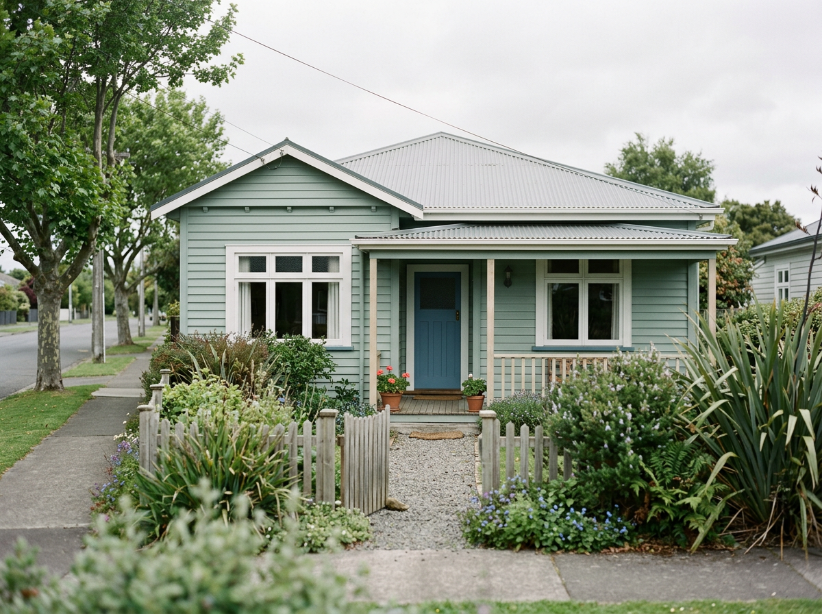 A cozy light blue house with white trim, a blue front door, and a small front yard with various plants, flowers, and a wooden picket fence.