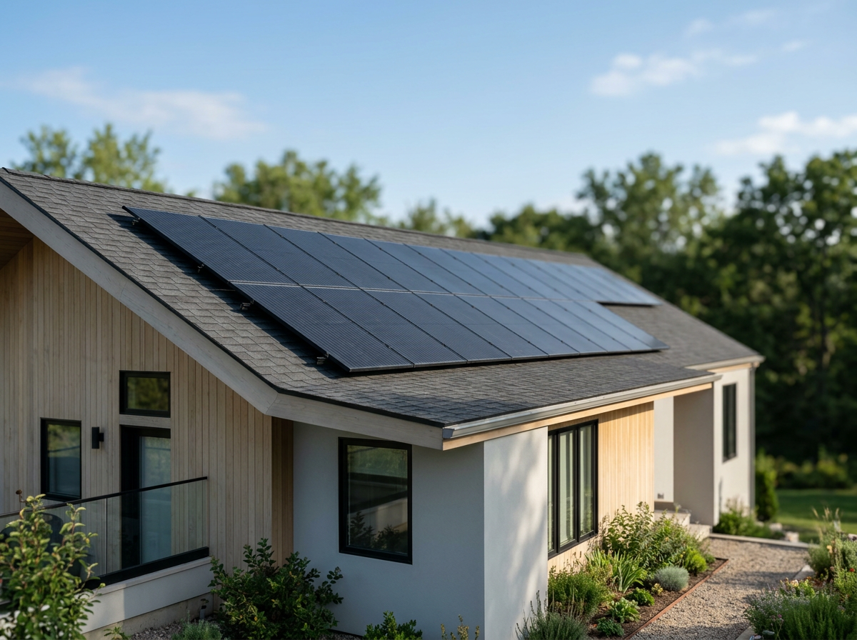 A modern house with a dark shingled roof and solar panels installed on it, surrounded by green landscaping and clear skies.