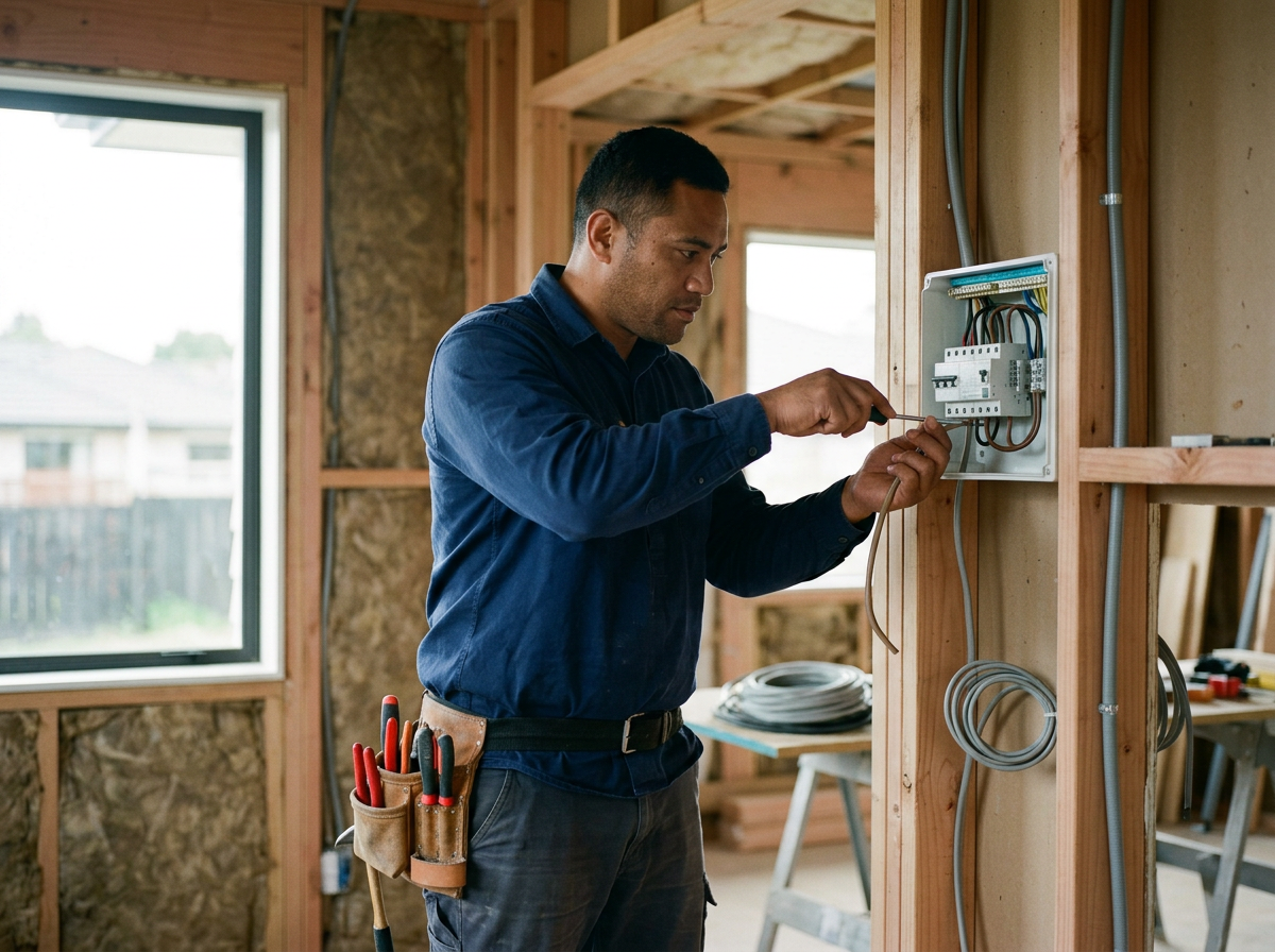 Rowan Brown Electrical electrician completing electrical work in a new home under construction.