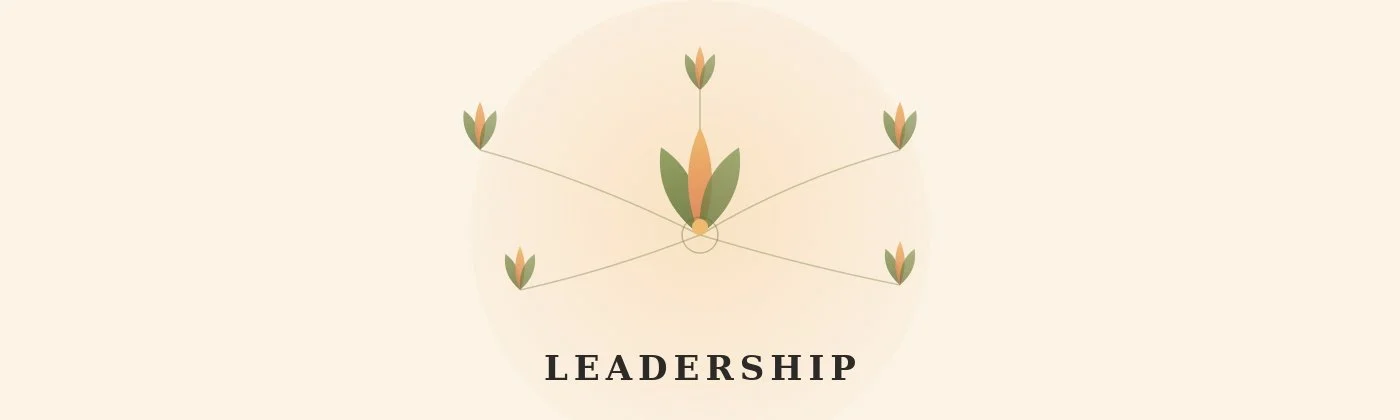 Graphic illustration of a butterfly with two symmetrical 'wings' composed of leaf-like shapes, above the word 'LEADERSHIP'.