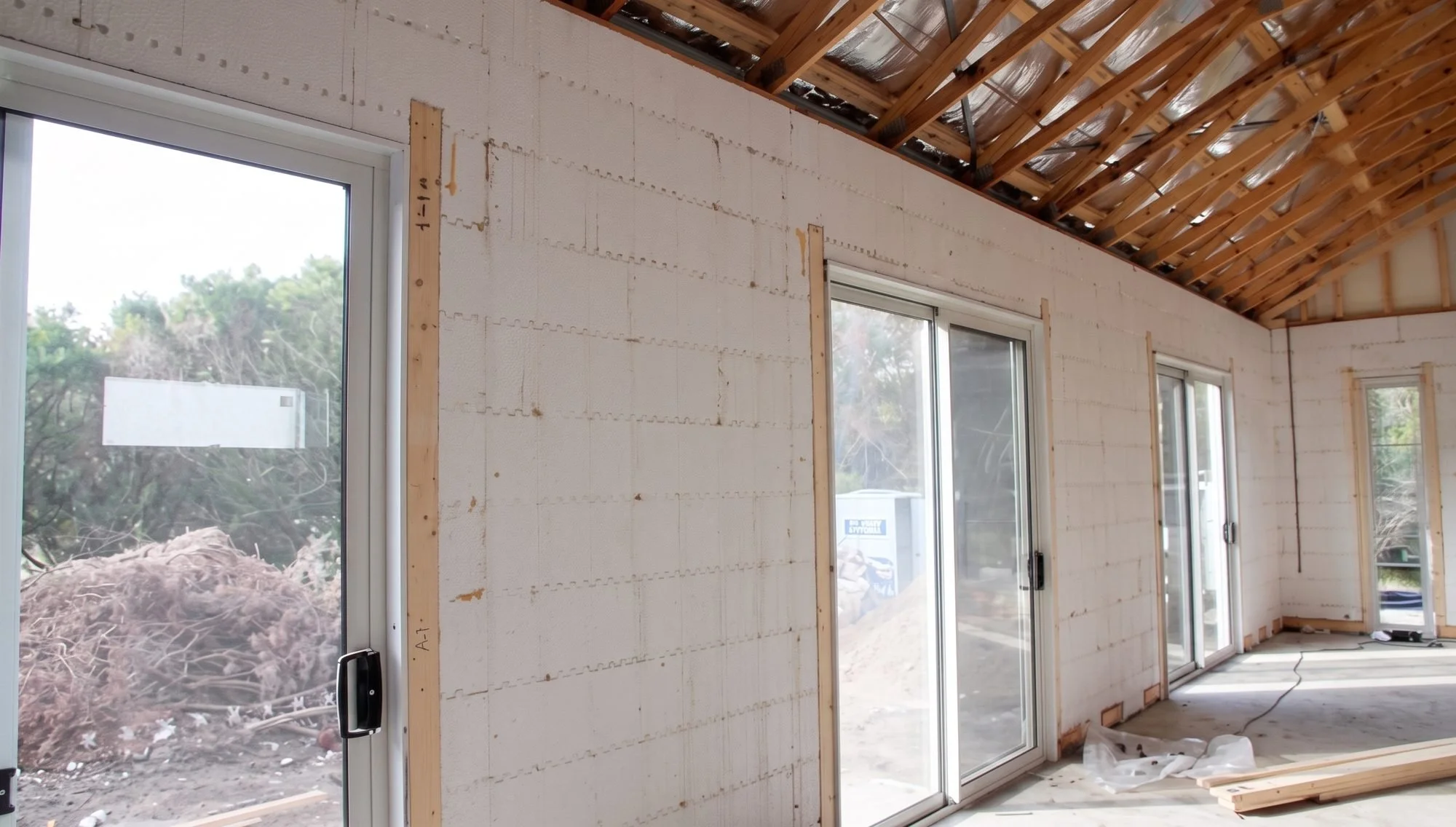 Interior of a house under construction with several large windows and an exposed unfinished ceiling with wooden framing.