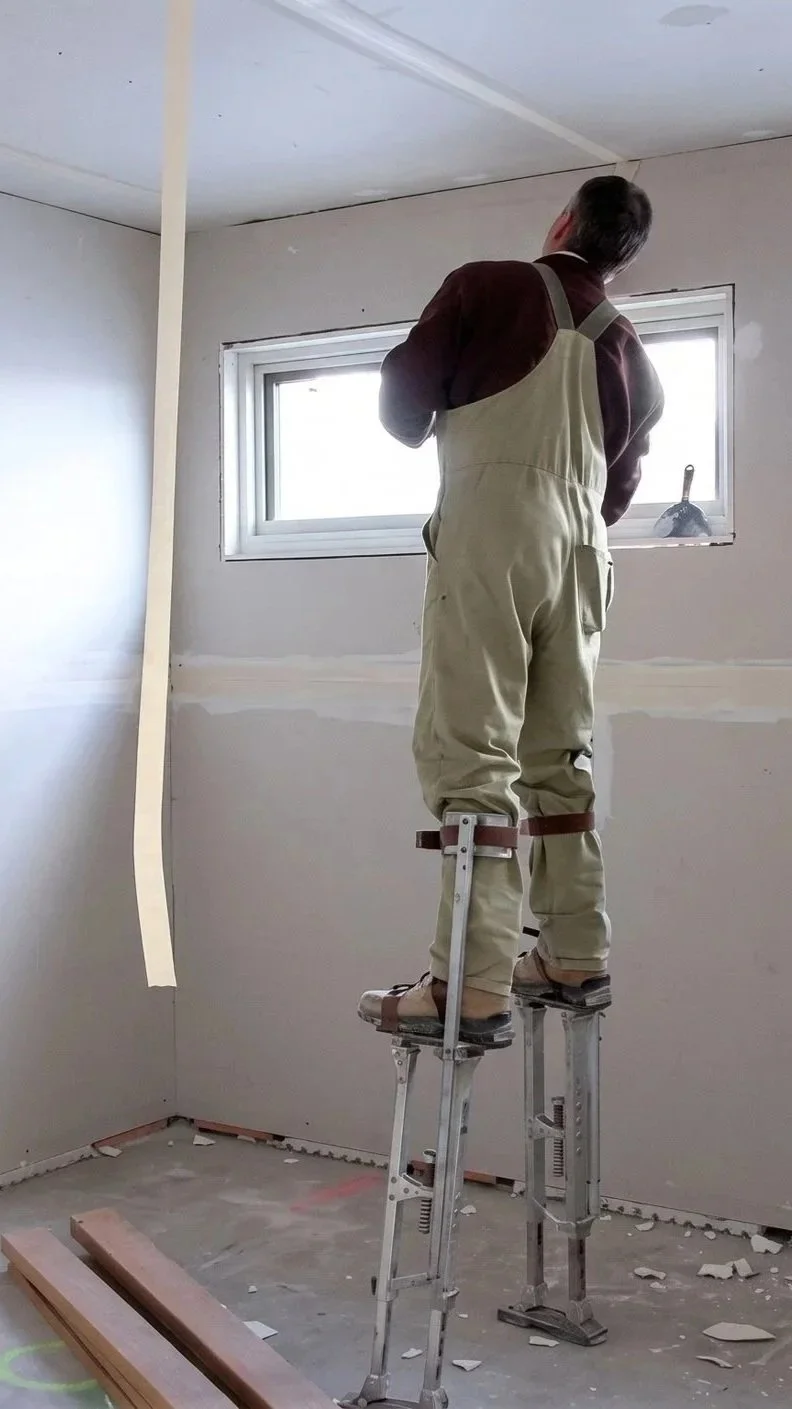 A man standing on stilts inside a room under construction, working near a window with light coming through, surrounded by construction debris.