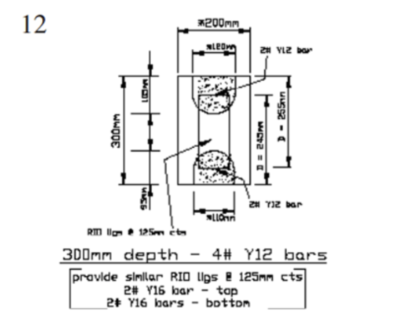 Technical drawing of a concrete structure with measurements, including 300mm depth, 125mm bars, and detailed bar placements.