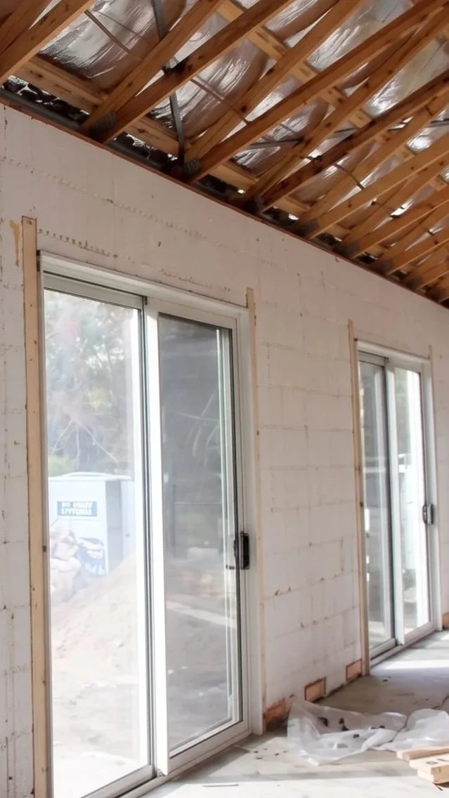 Construction interior of a house with unfinished drywall walls, two sliding glass doors, and an angled wood truss ceiling with insulation material visible.
