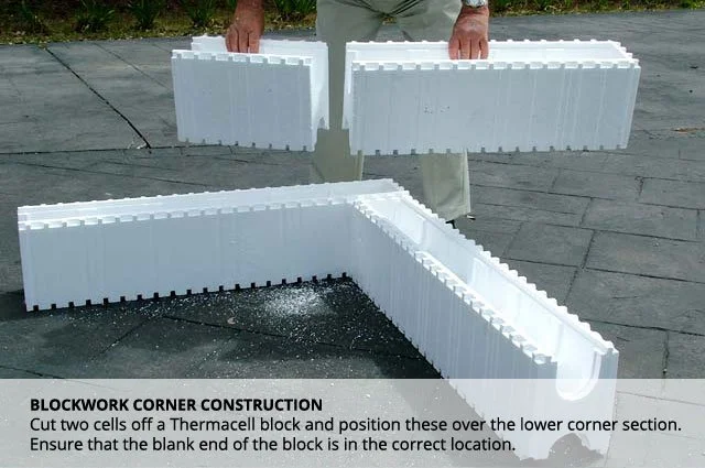 Person assembling white styrofoam blocks for blockwork corner construction on gray pavement.