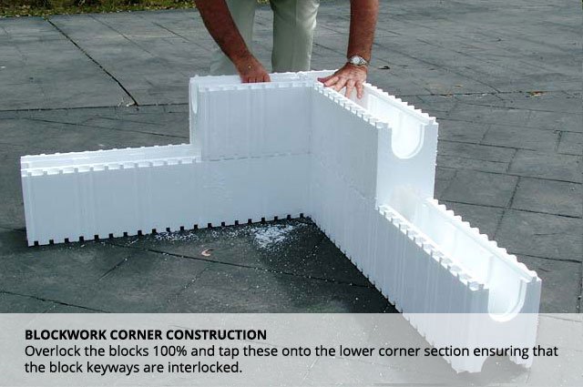 A person assembling a large white interlocking foam block for corner construction on a paved outdoor surface.