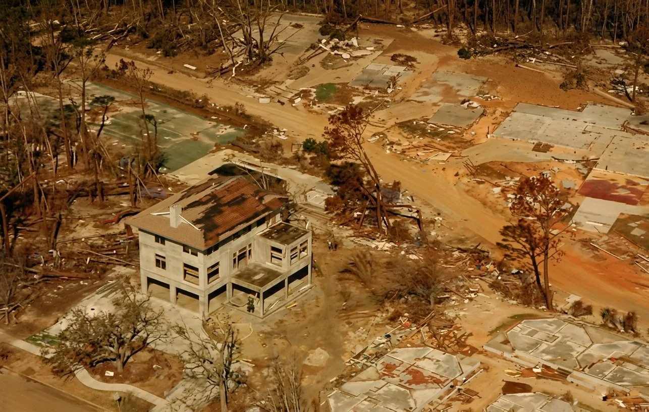 Aerial view of a neighborhood severely damaged by a fire, with charred and collapsed buildings, burned trees, and a mostly destroyed landscape.
